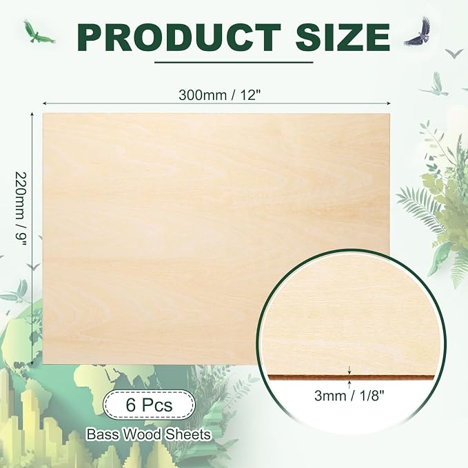 HARFINGTON 6pcs 3mm Basswood Plywood Sheets 12" x 9" x 1/8" Thin Unfinished