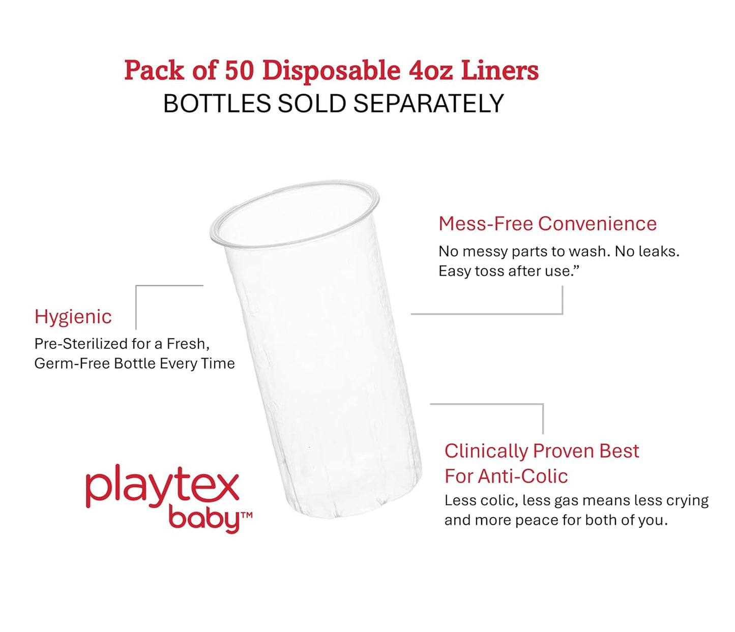Playtex Baby Nurser Pre-Sterilized Disposable Drop-Ins Baby Bottle Liners, 4 Oz (50 Count), Anti-Colic, Gas Reduction, Easy to Clean, Closer to Breastfeeding, Perfect for Travel and On The Go