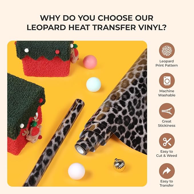 HTVRONT Leopard Heat Transfer Vinyl, 12in x 8ft Leopard Printed Iron on Vinyl