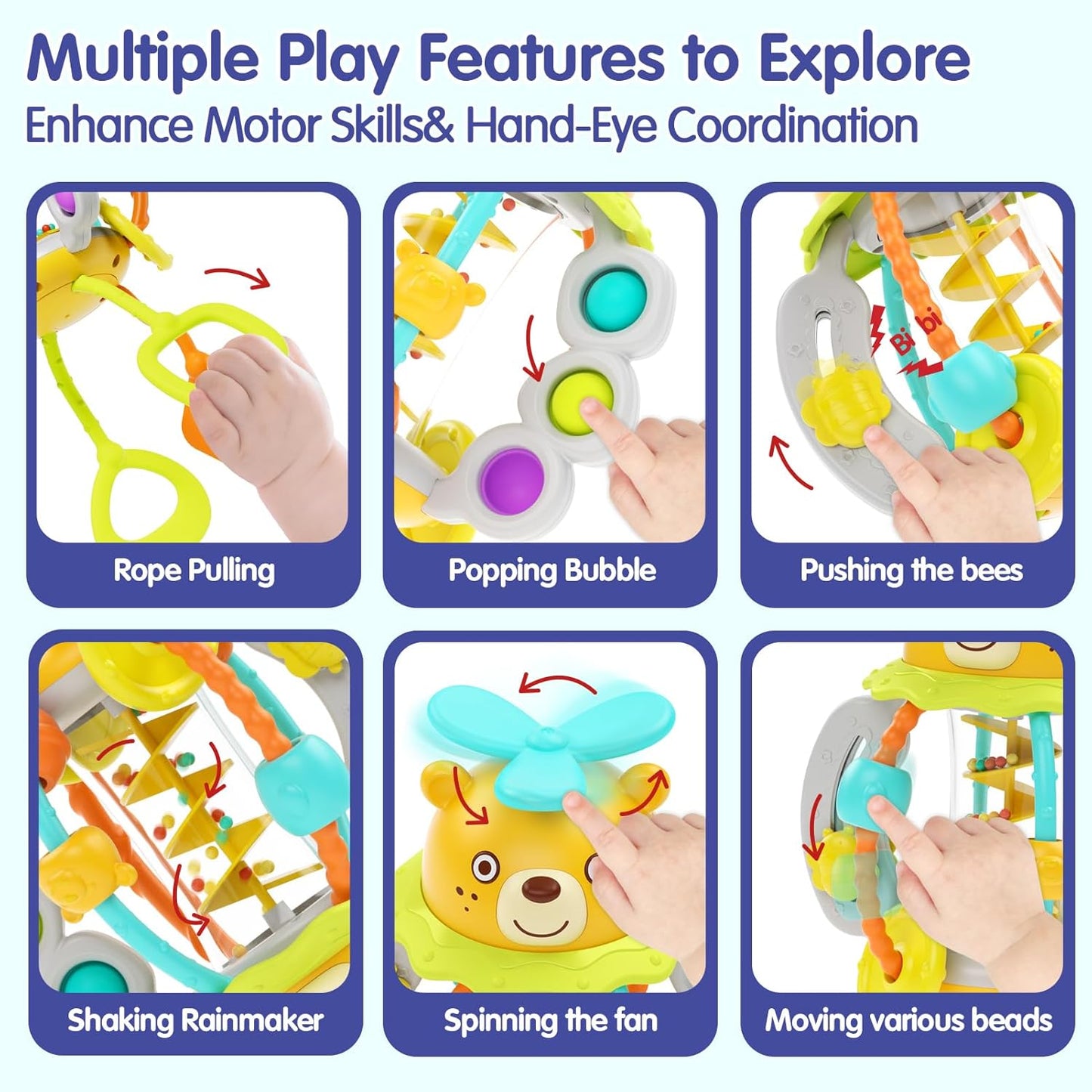HOLA Montessori Toys for 1 Year Old Boys-Rattle Teething Baby Toys 0-6 & 6-12 Months, Silicone Pull String Sensory Toys for 1 Year Old Girl Gifts Christmas Stocking Stuffers