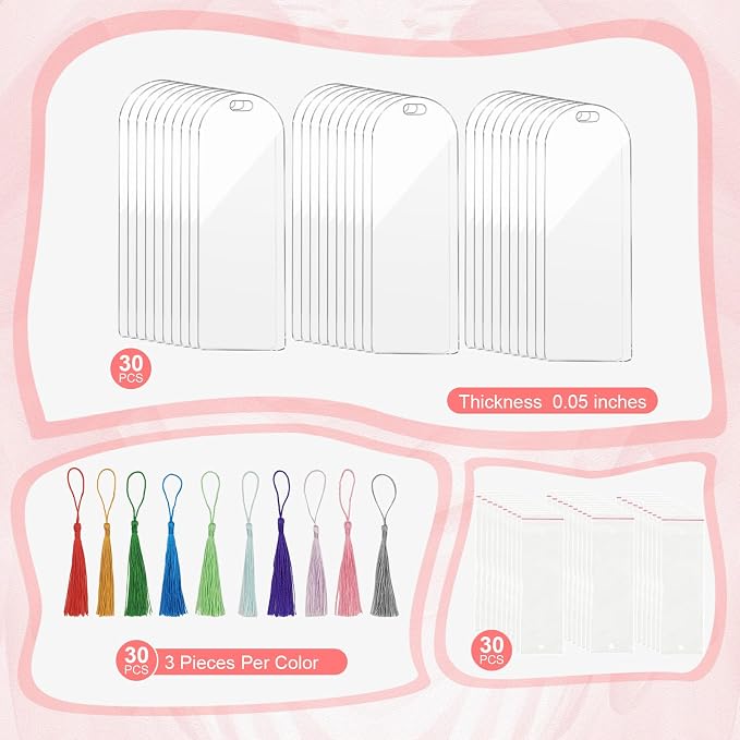 90Pcs Acrylic Bookmark Blanks Kit-30 Set Clear Acrylic Bookmarks 6" x 2"