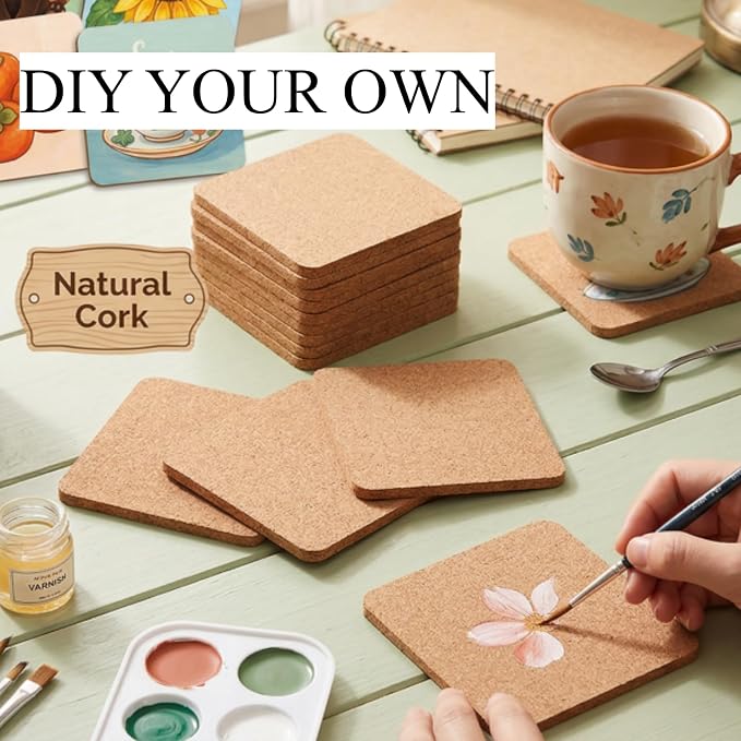 Tebery 30 Pack 4 Inch Square Cork Coasters, 0.2'' Thick Absorbent Drink Pads