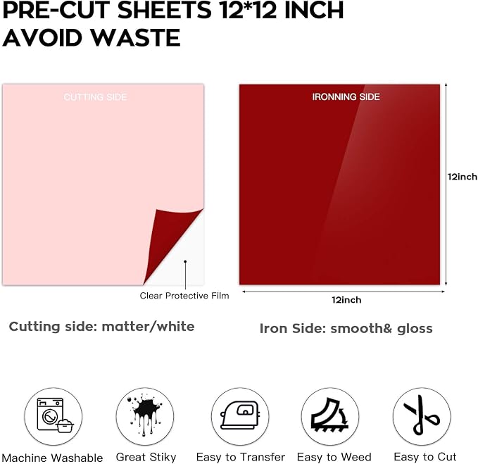 Dysania Red Heat Transfer Vinyl, 10 Pack 12 x 12in Red HTV Vinyl | Iron on Vinyl