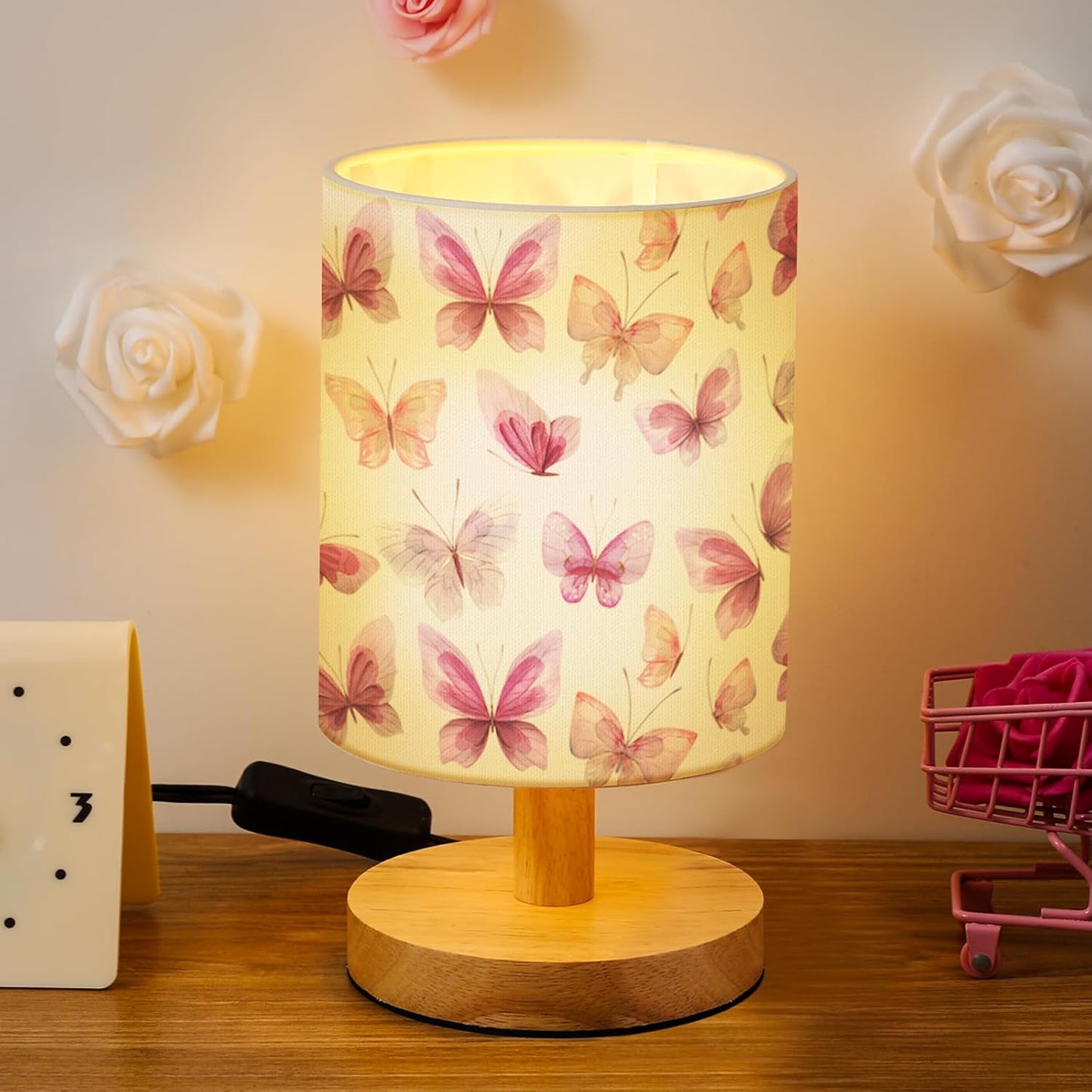 VIHOSE Butterfly Kids Table Lamp for Bedroom Kids Bedside Lamp with Linen Wooden Nightstand Cartoon Nursery Lampshade for Girls Boys Living Room