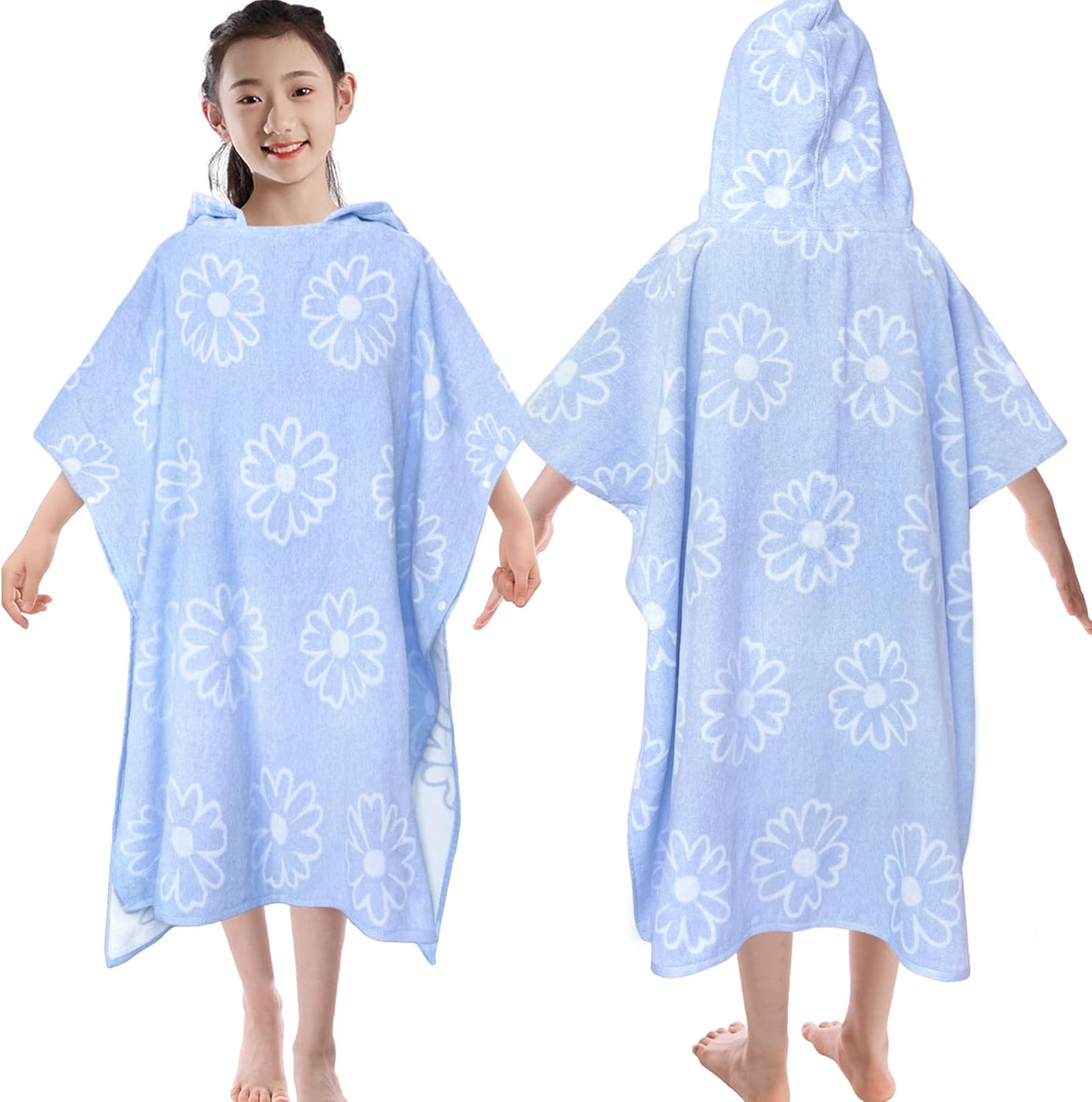 VOOVA & MOVAS Hooded Poncho Towel for Teens/Big Kids (8-14 Years) | Soft Absorbent 100% Cotton Towel Robe | Versatile Beach, Pool, Swim & Bath Cover-Up | Jacquard Blue Daisy