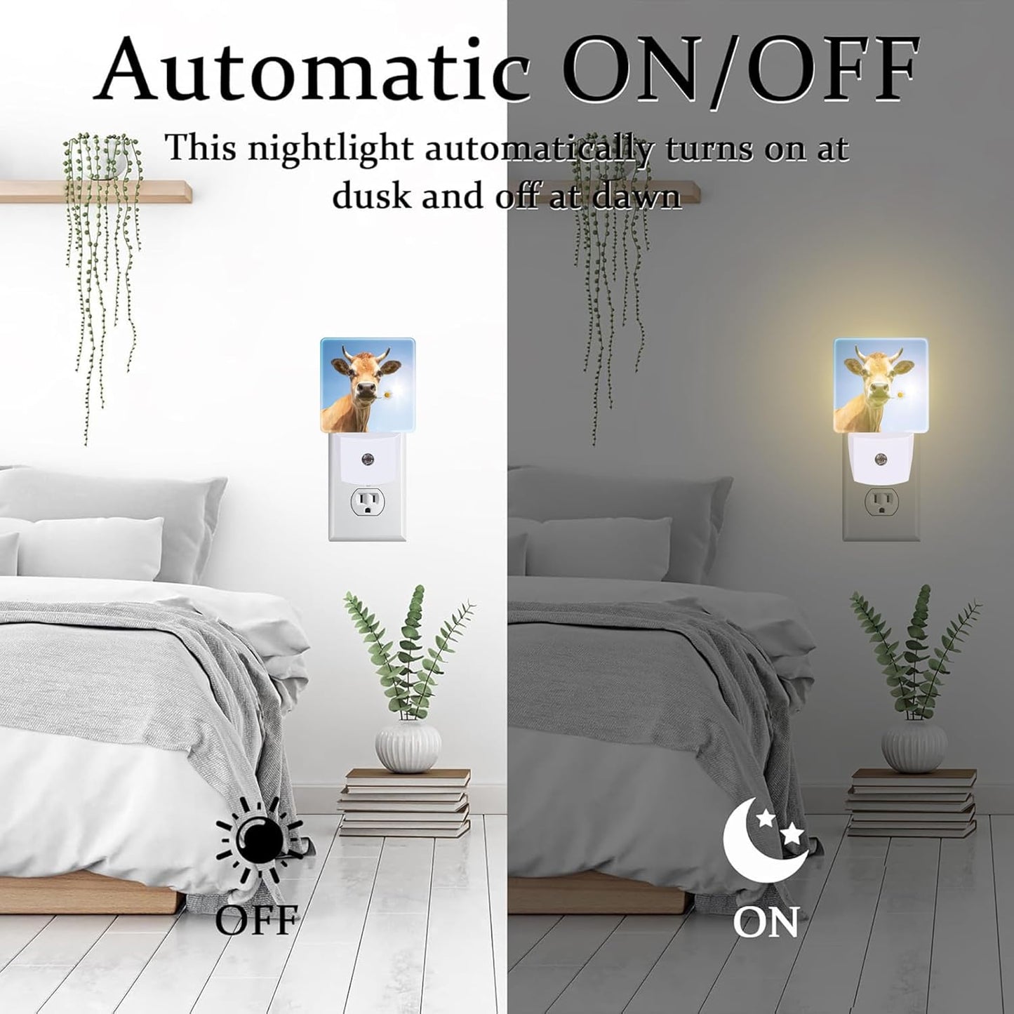 Cow Bite A Flower Night Light Plug into Wall, Cute Animal Floral Dusk to Dawn Night Light, 0.5w Energy Saving Sleep Friendly Nightlights for Kids Boys Girls Home Decor