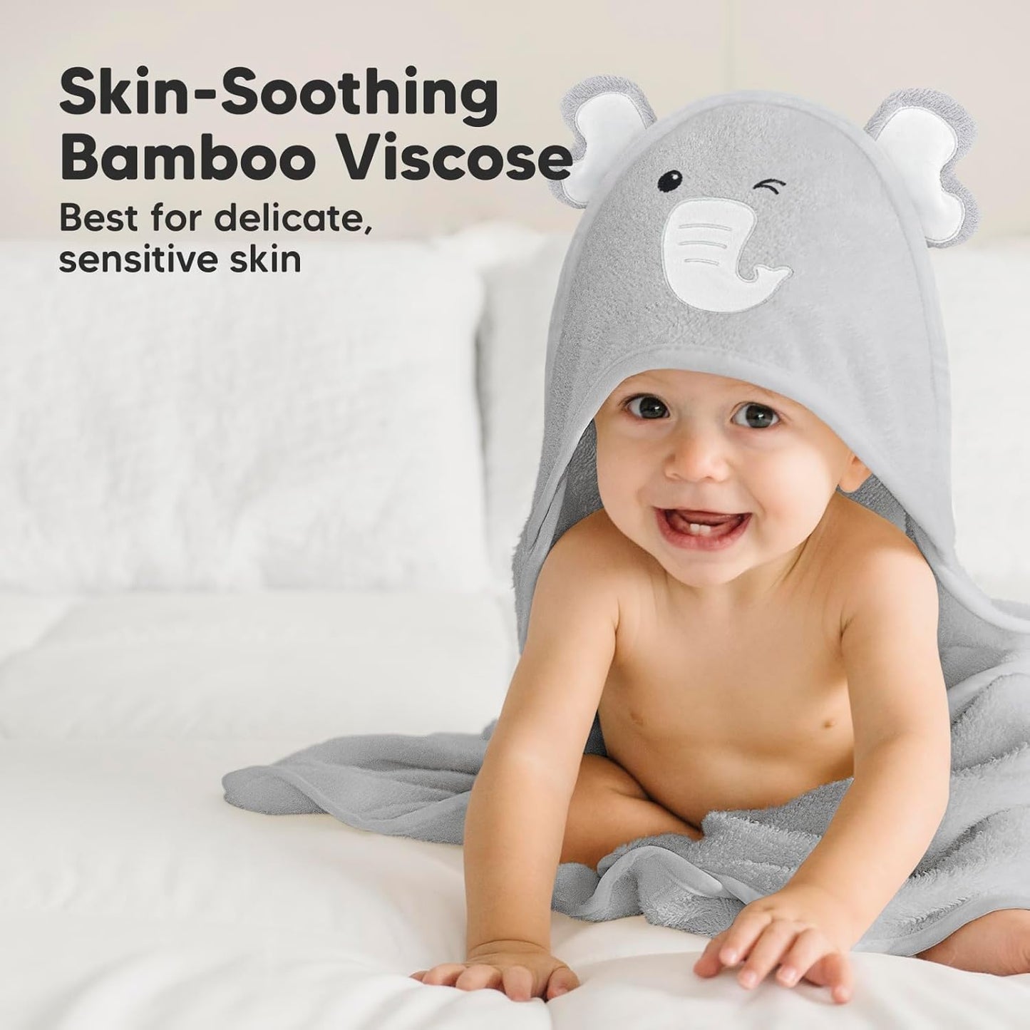 KeaBabies Hooded Baby Towel for Newborn - Viscose Derived from Bamboo Large Baby Bath Towels with Hood for Boys, Girls, Toddler, Extra Absorbent & Soft Newborn Bath Essentials (Elephant, Regular)