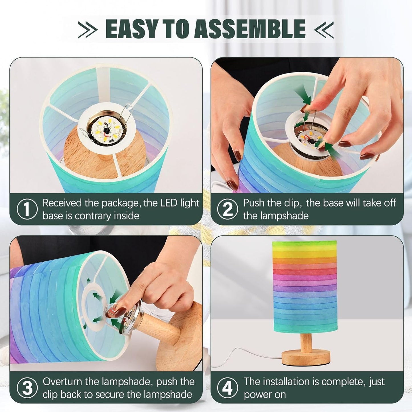 Table Lamp Colorful Striped Watercolor Bright Color Rainbow Print Nightstand Lamp with Wood Base Fabric Lamp Shade Bedside Desk Lamp for Living Room Bedroom Kids Room Office