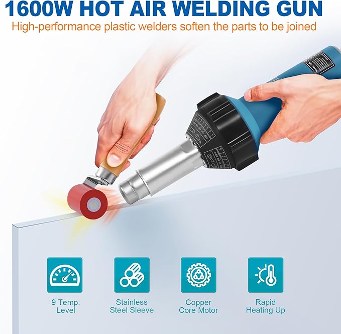 Iglobalbuy 110V 1600W Hot Air Plastic Welding Welder, Handheld Hot Air Vinyl PVC TPO Heating Welding Gun w/Nozzles Adjustable Temperature Roofing Welder Kit