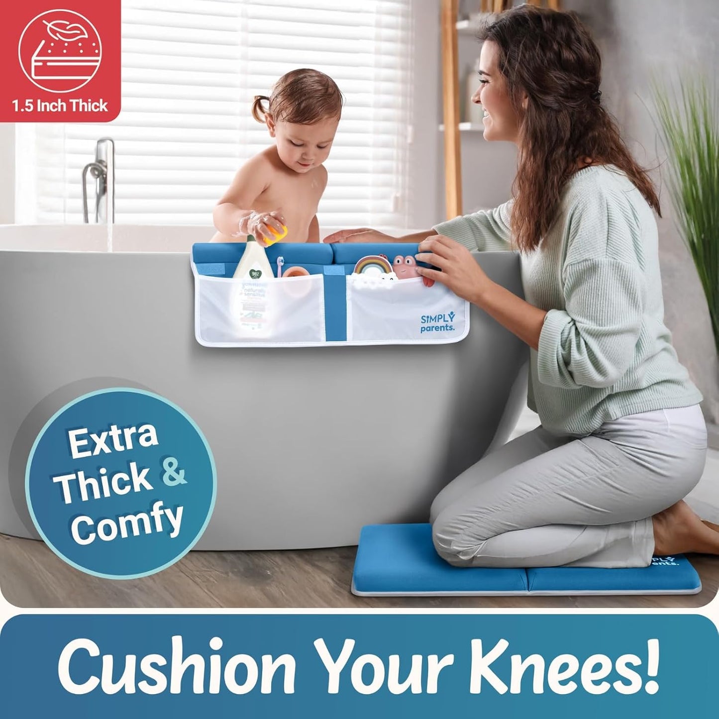 Simply Parents Comfortable Baby Bath Kneeler and Elbow Rest Pad Set - Quick-Dry Non-Slip Bath Kneeling Pad for Bathing Baby, Baby Bath Time Essentials for Newborn, Baby Bath Accessories for Tub, Blue