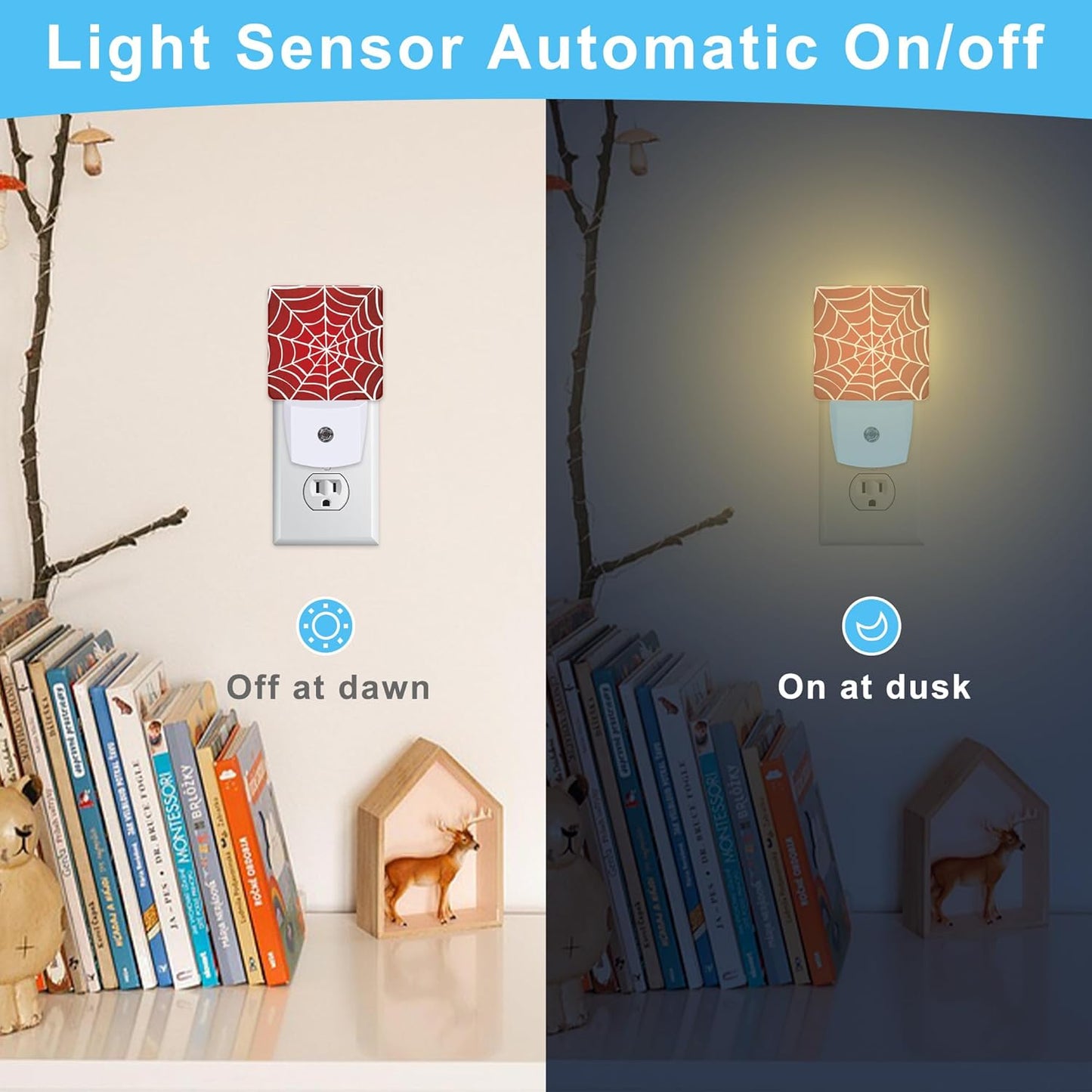 Spider Web Red Plug in Night Light with Auto Dusk to Dawn Sensor,Warm Night Lights for Boys Girls Bedroom Bathroom Hallway Kids Room Gifts