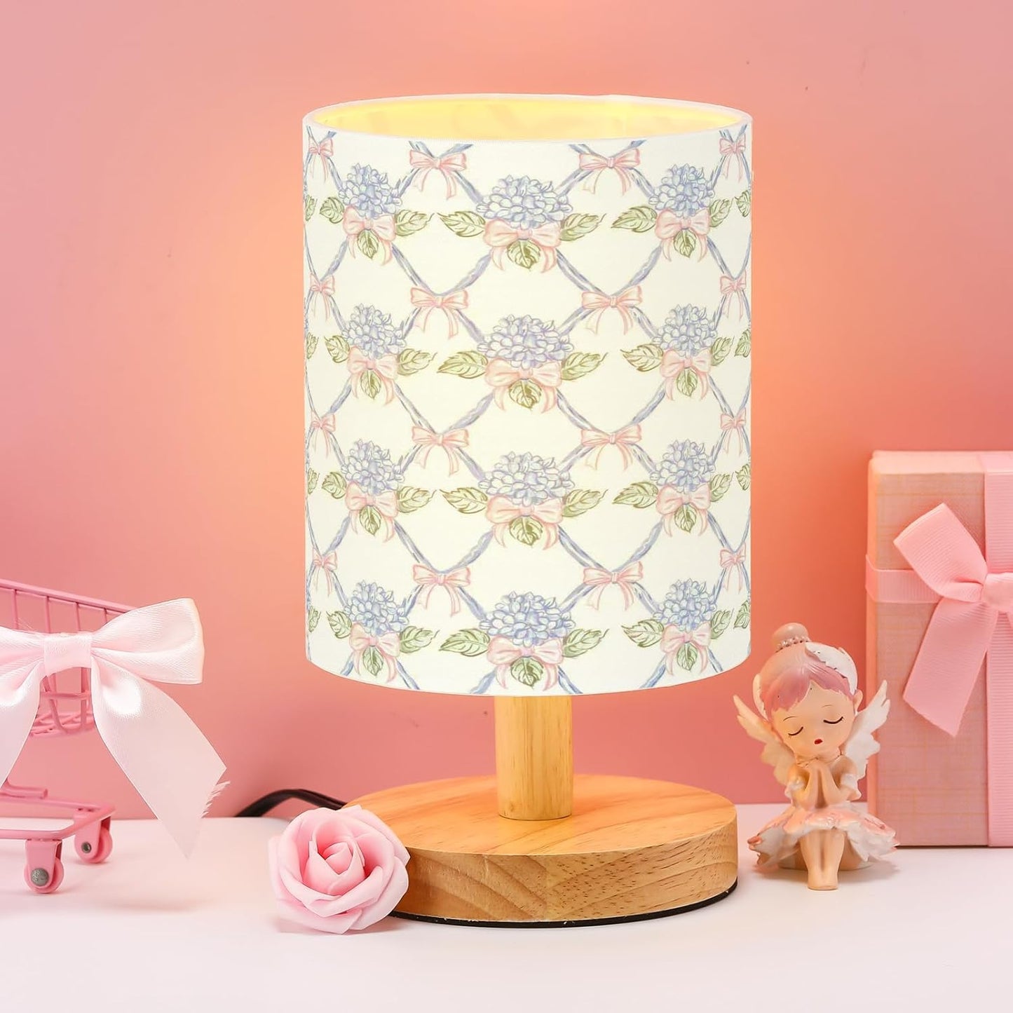 VIHOSE Blue Hydrangea Kids Table Lamp for Bedroom Kids Bedside Lamp with Linen Wooden Nightstand Cartoon Nursery Lampshade for Girls Boys Living Room
