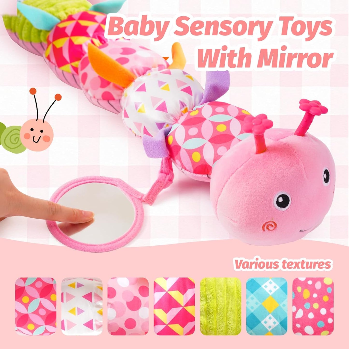 Baby Toys 0-6 Month, Musical Caterpillar Baby Rattle, Plush Sensory Toy with Mirror, Crinkle Textures, Newborn Developmental Tummy Time Stuffed Animal for Infants Boys Girls 6-12 Months (Pink)