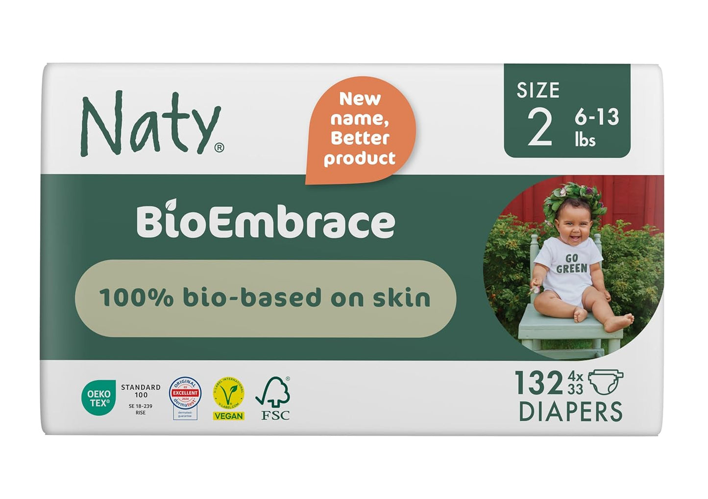 Naty BioEmbrace Baby Newborn Diapers Size 2 (6–13 lbs) | 100% Biobased on Skin | Plant-Based Softness | Dermatologically Tested, Super Absorbent | 132 Count