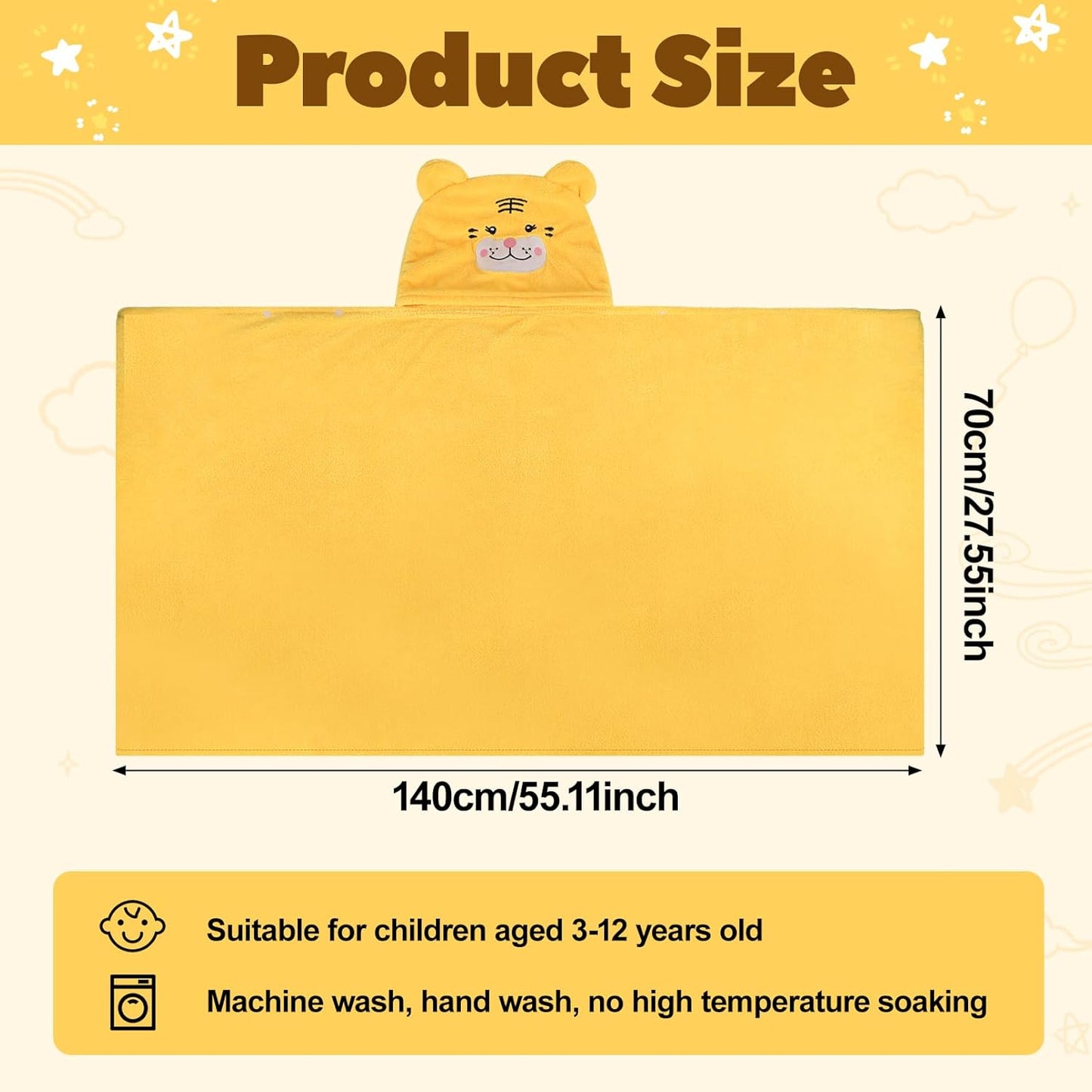 Toddler Bath Towel, Baby Hooded Towel, Ultra Absorbent Soft Shower Towel, Unisex Baby Bath Towel, Baby Towels with Hood for Kids Boys Girls, 27.5" x 55" (Yellow-Tiger)