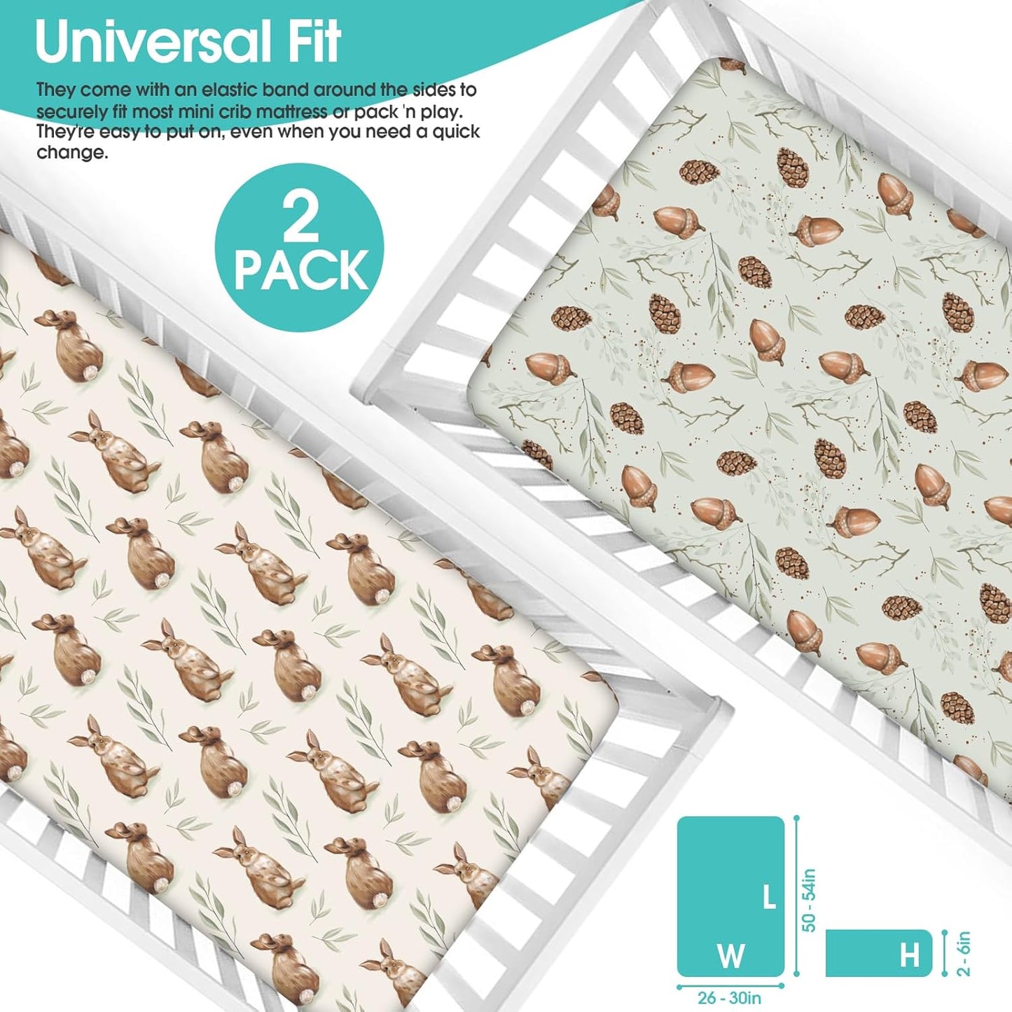 Pack n Play Sheets, BROLEX 2 Pack Mini Crib Sheets,Stretchy Portable Fitted Playard Sheet Set, Convertible Playard Mattress Cover,Ultra Soft Breathable Material,Bunny Nuts