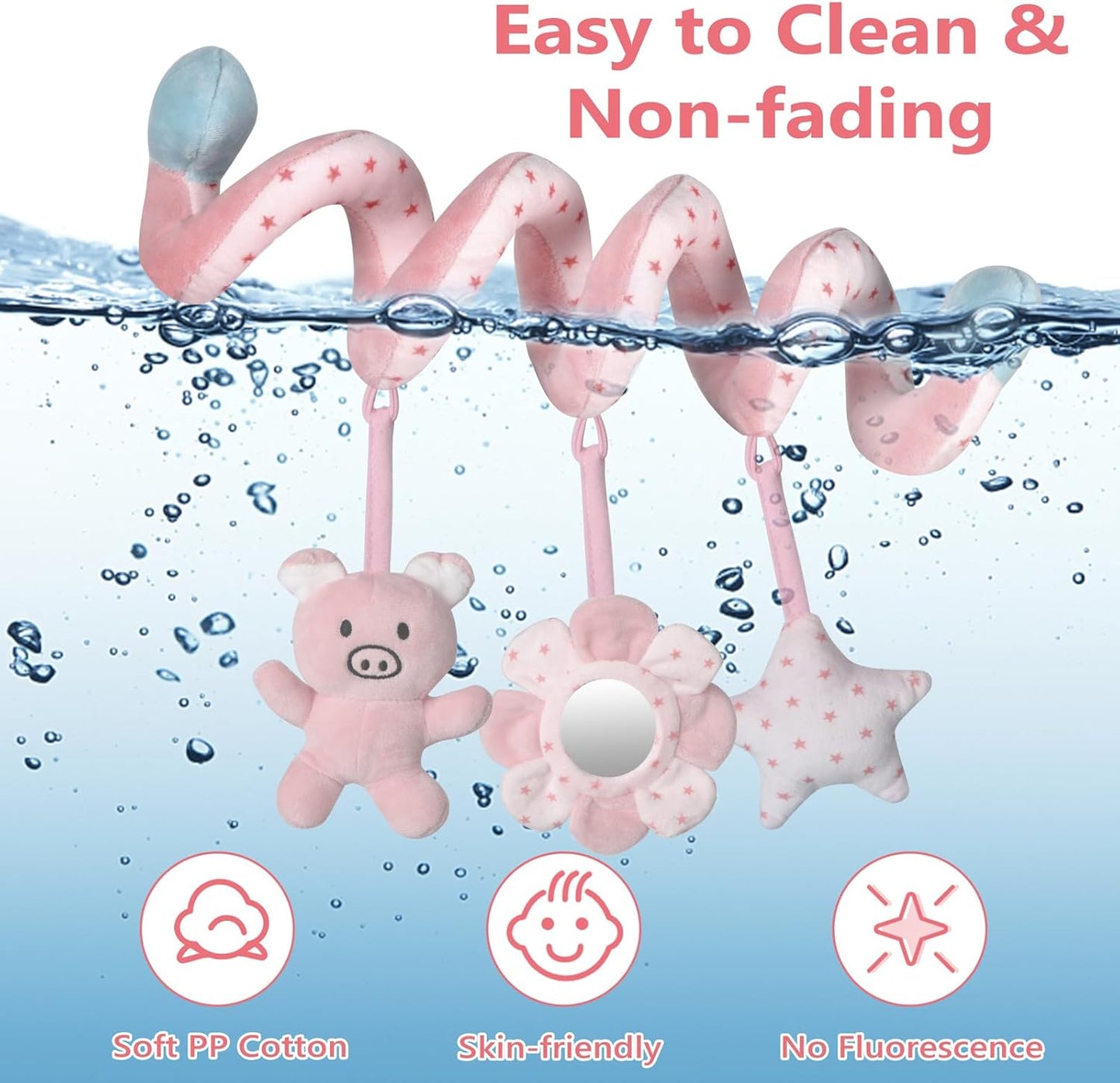Car Seat Toys, Infant Baby Pink Pig Spiral Activity Hanging Toys Stroller Toys for Car Seat Stroller Bar Crib Bassinet Mobile with Mirror BB Squeaker and Rattles