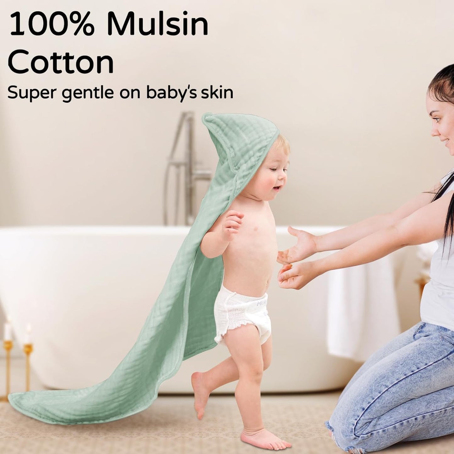 Yoofoss Hooded Baby Towels for Newborn 2 Pack 100% Muslin Organic Cotton Baby Bath Towel with Hood for Babies, Infant, Toddler and Kids, 32x32Inch, Soft and Absorbent Newborn Essential,Blue&Green