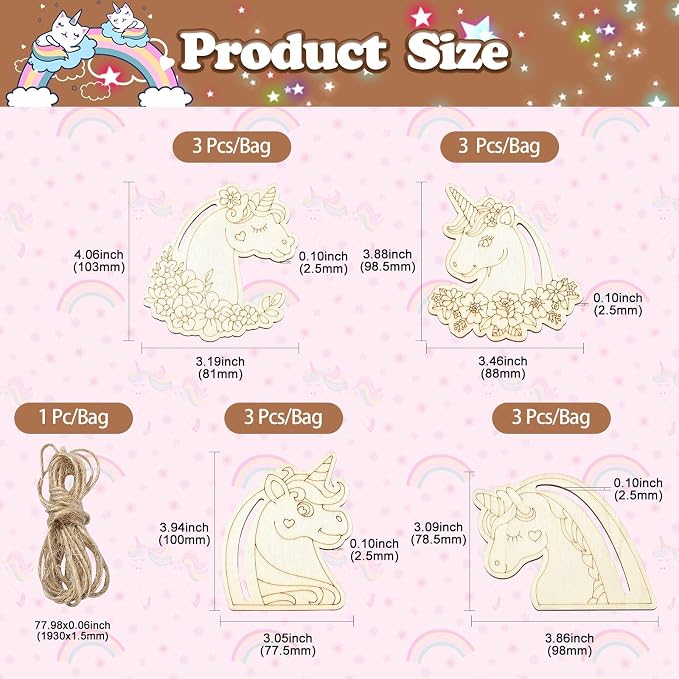 24 Pcs Unfinished Wood Unicorn Cutouts Wood Frame Embellishments