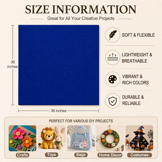 Royal Blue Large Felt Fabric 36" x 36", 1.4 mm Soft Felt Sheet, Nonwoven Fabric