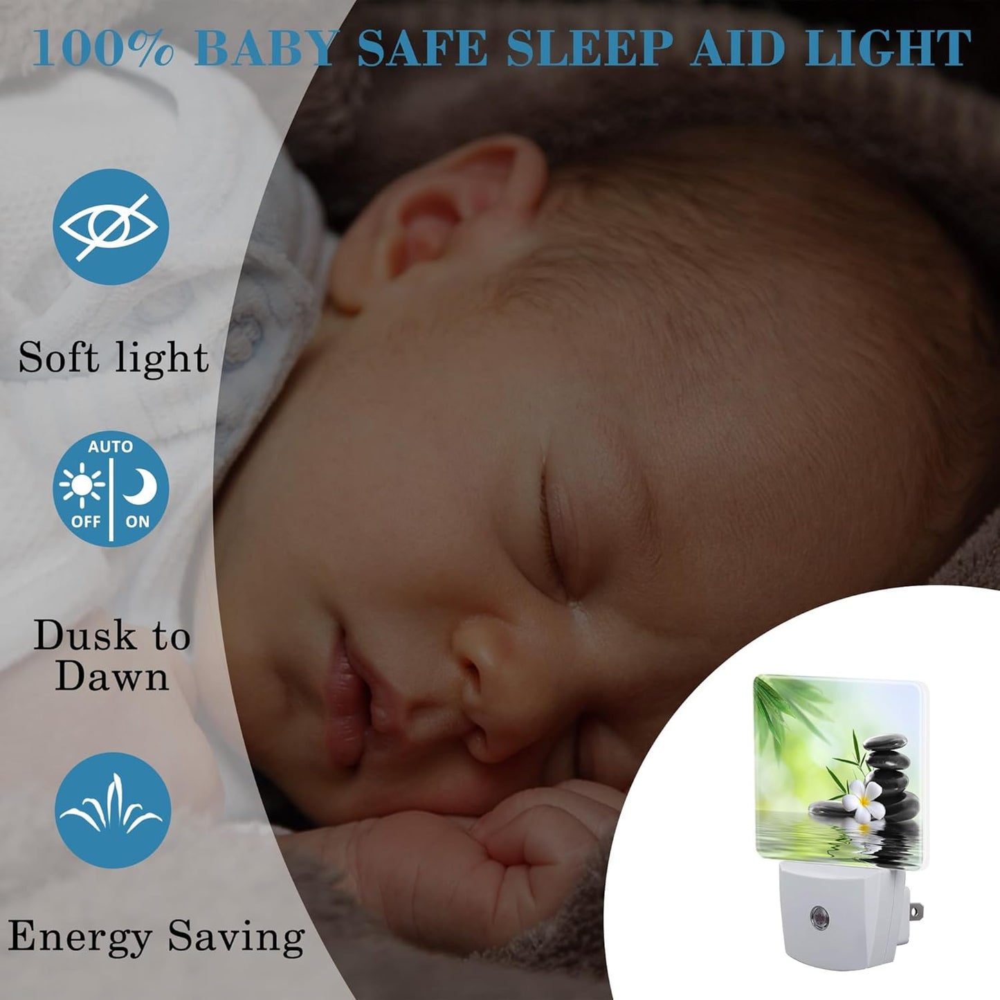 Plug in Night Lights Spa Concept Zen Stones Nightlight Plug Into Wall Dusk to Dawn Sensor LED Night Light for Kid Girls Boys Women Men Room Decor, Hallway, Kitchen, Bathroom, Nursery, Stairs