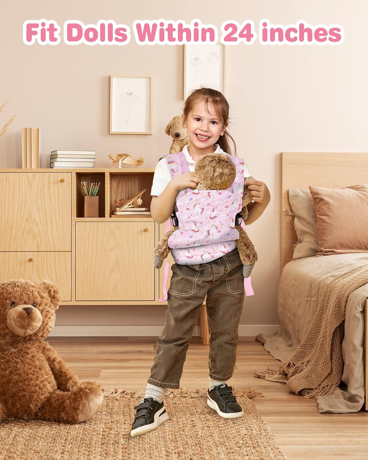 Lictin Baby Doll Carrier, Front and Back Doll Accessories Carrier for Little Girls, with Adjustable Straps for Stuffed Animal Reborn Baby Doll, Pink Unicorn