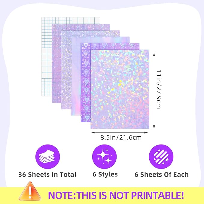 36 Sheets Holographic Sticker Paper Clear Self Adhesive Laminate Sheets |
