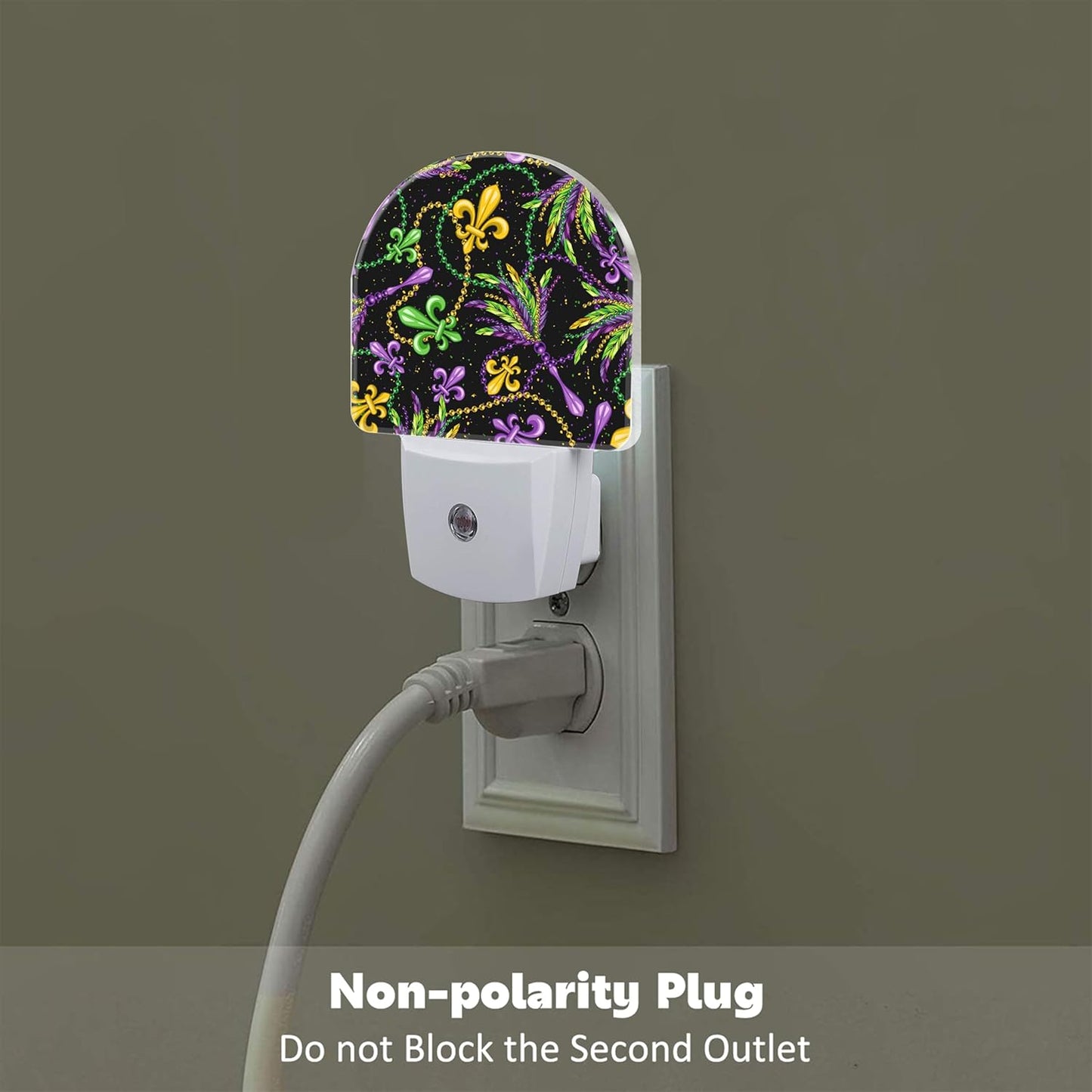 Mardi Gras Carnival Design Night Light, Colorful Fleur De Lis and Feathers Dusk to Dawn Night Light Plug in, 0.5w Energy Saving Sleep Friendly Nightlights for Kids Boys Girls Home Decor