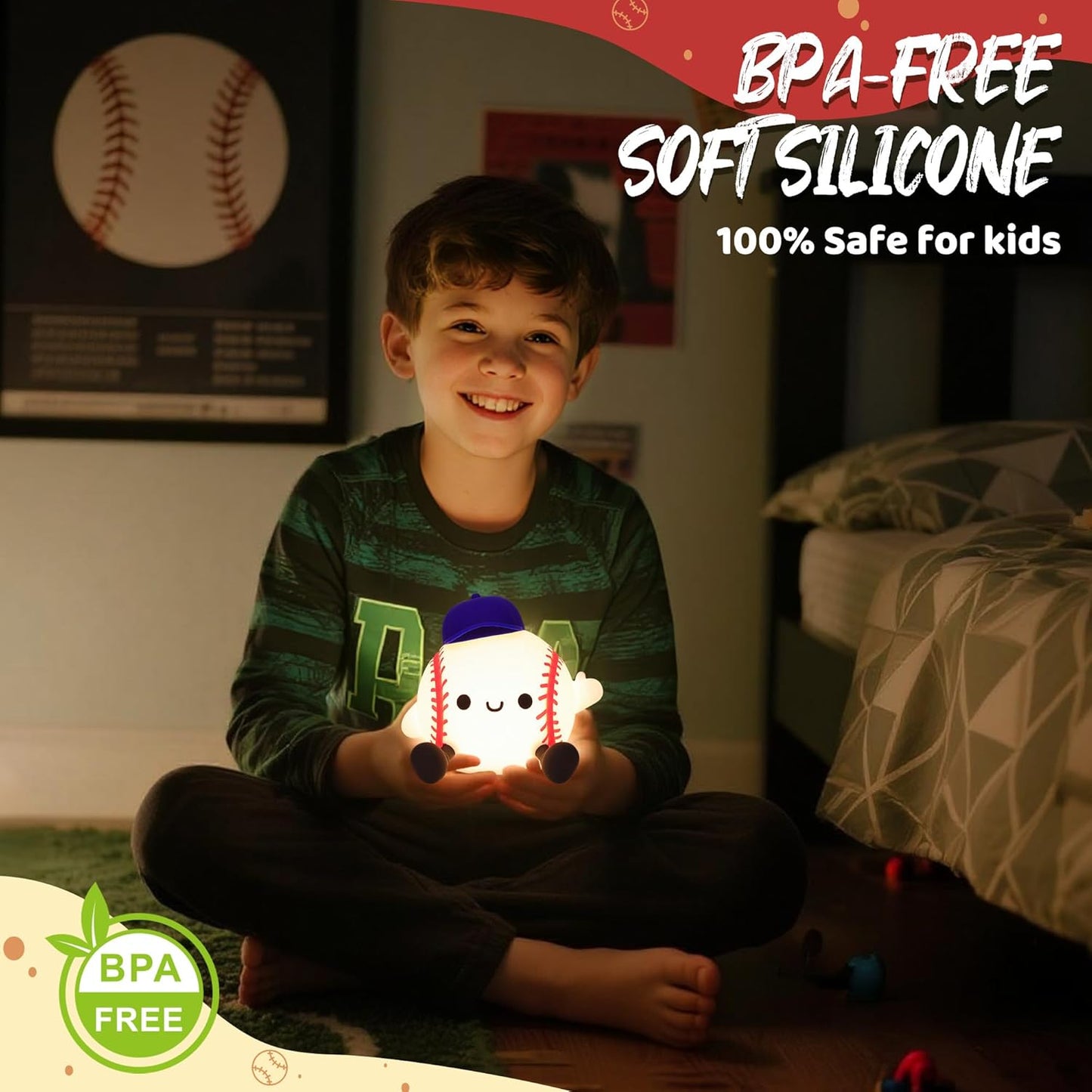 Attivilife Baseball Night Light, Baseball Gifts for Boys, Soft Silicone Nursery Bedroom Bedside Decor Dimmable Rechargeable LED Touch Lamp, Baby Kid Teen Sport Lover Athlete Birthday Christmas Gifts