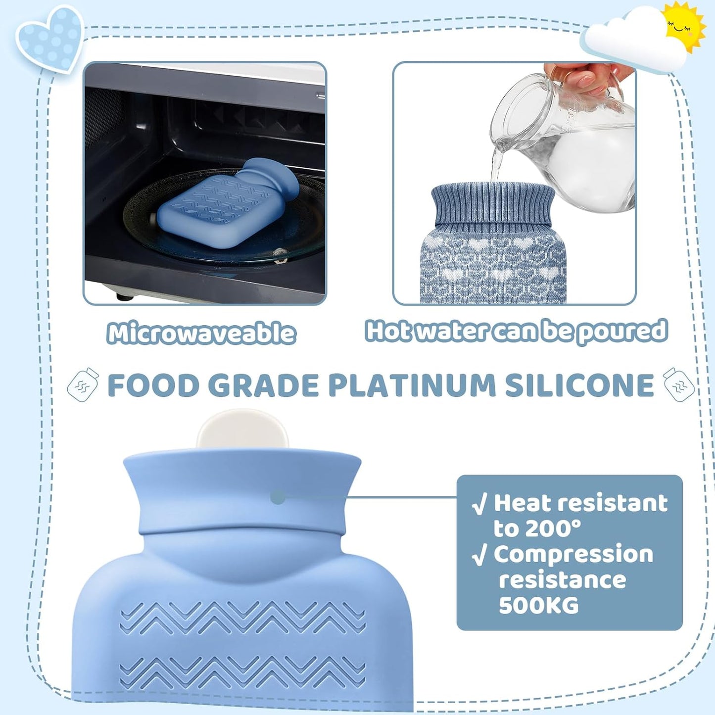 Amylove Mini Hot Water Bottle 320ml for Hot & Cold Compress with Cover Silicone Microwave Heating Small Water Bag for Travel Pain Relief Holiday Gifts(Stone Blue)