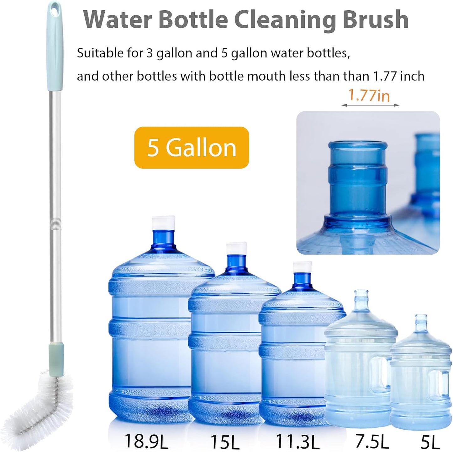 Water Bottle Cleaning Brush, 2 Pack 28inch Bendable Water Bottle Brush Long Nylon Bristles with Stainless Steel Handle for 3 Gallon and 5 Gallon Water Bucket