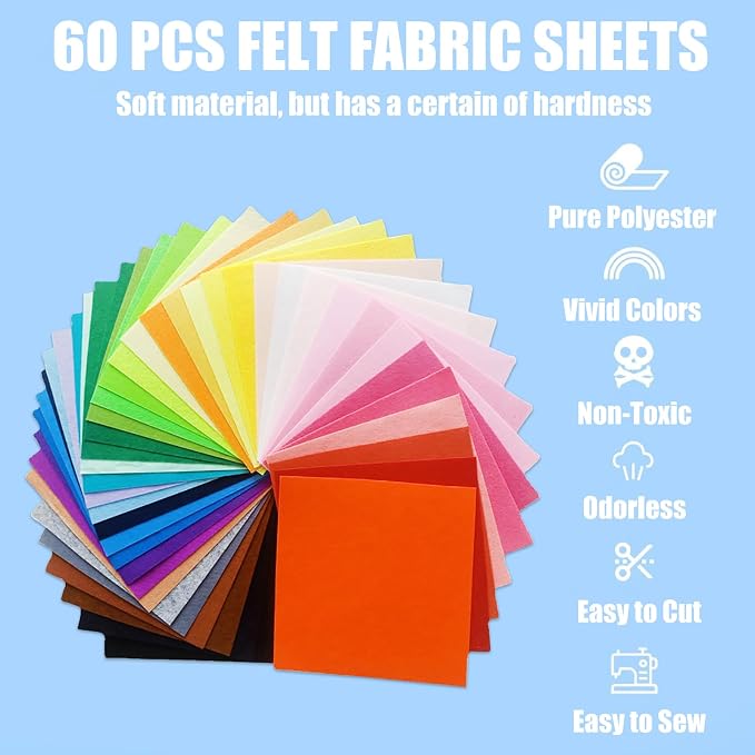 60 PCS Felt Fabric Sheets Craft Kit, Thick Nonwoven Felt,
