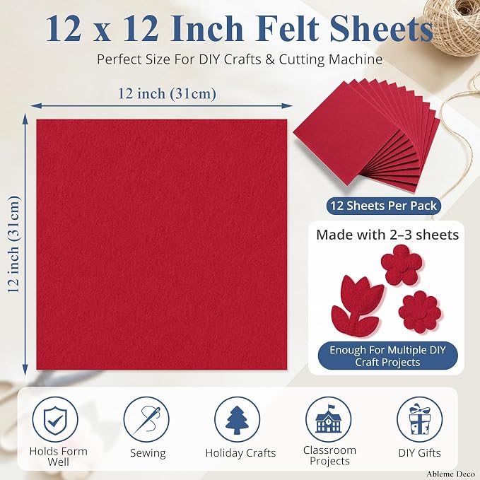 12" x 12" Felt Sheets for Crafts, 2mm Stiff Felt Fabric, Polyester Felt Squares