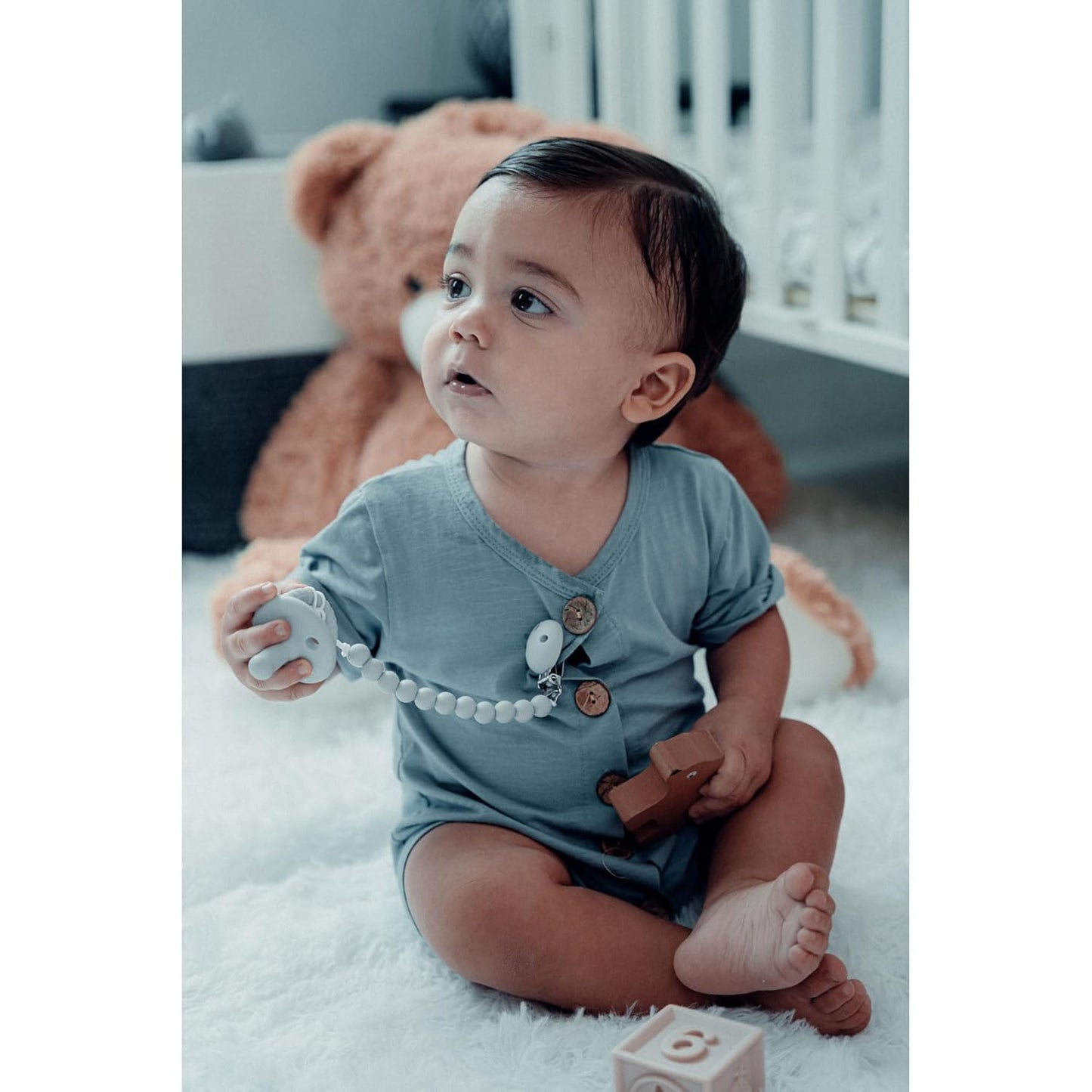 Comfy Cubs Pacifier Clips 2 Pack - 100% Food Grade Silicone Baby Pacifier Clips, BPA & PVC Free - CPSIA Certified, Lightweight and Flexible Baby Gifts - Slate