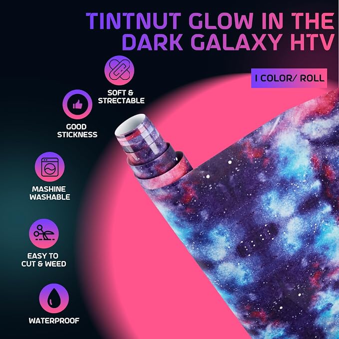 Tintnut Dark Purple Galaxy Glow in the Dark HTV Vinyl, stretch washable