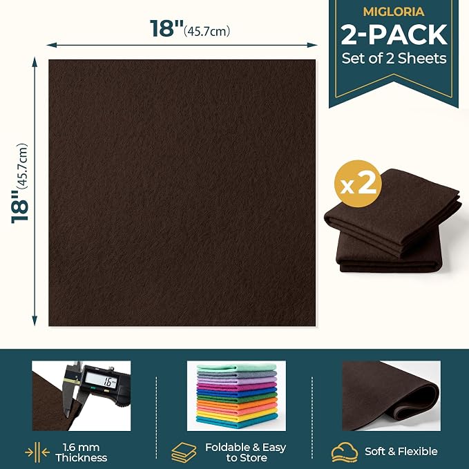 Felt Fabric Sheet 18 x 18 Inch, 1.6mm Thick | Soft and Flexible Nonwoven
