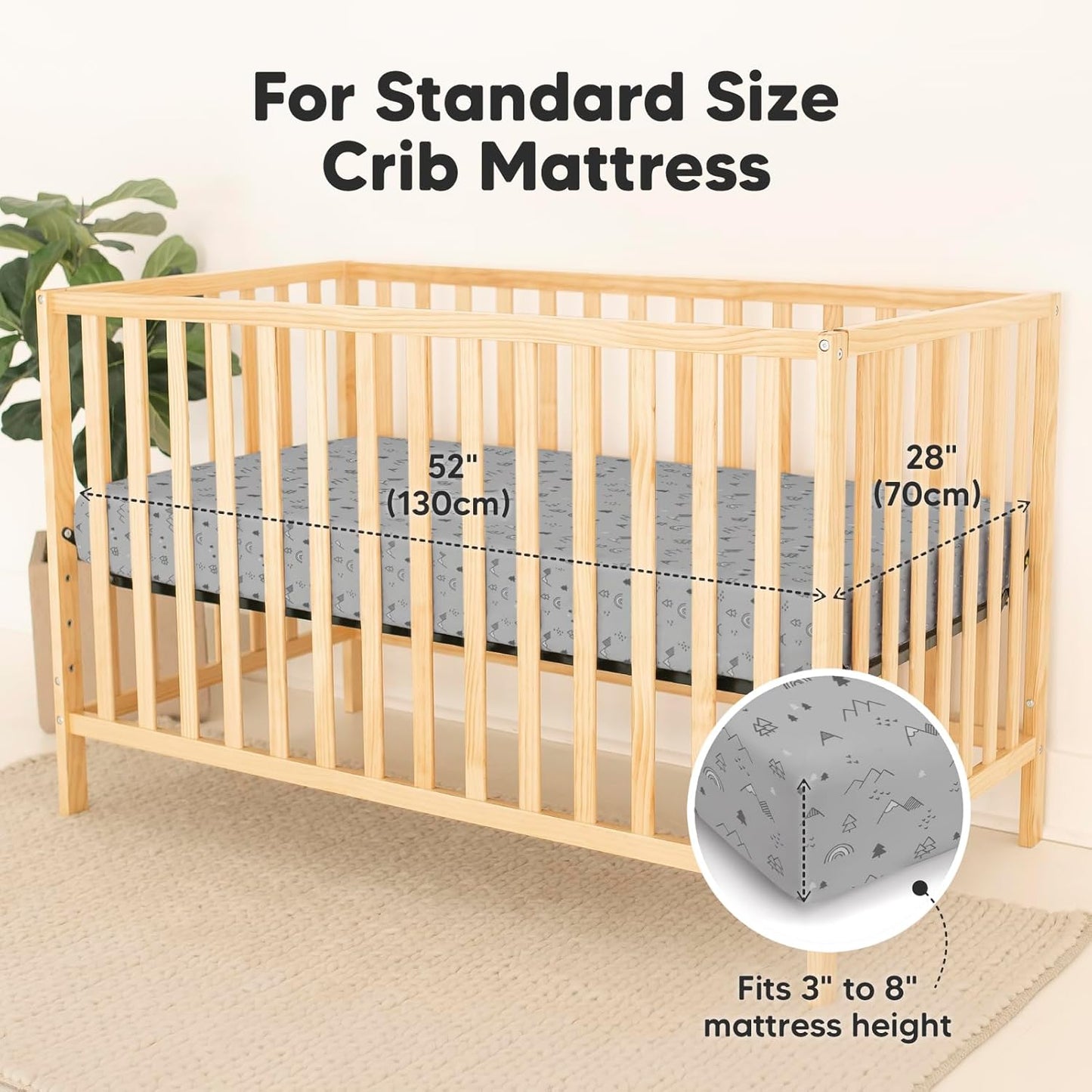 2-Pack Waterproof Baby Crib Sheets for Boys, Girls - 52x28 Viscose Derived from Bamboo Toddler Bed Sheet Neutral, Fitted Crib Mattress Protector Cover for Baby Bedding, Soft & Gentle (Woodland)