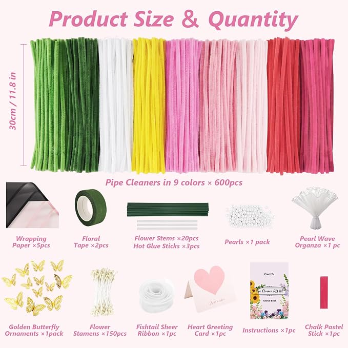 Cwczhi 600 PCS Pipe Cleaners Craft, 9 Colors Pipe Cleaner Bulk Flower Kit |