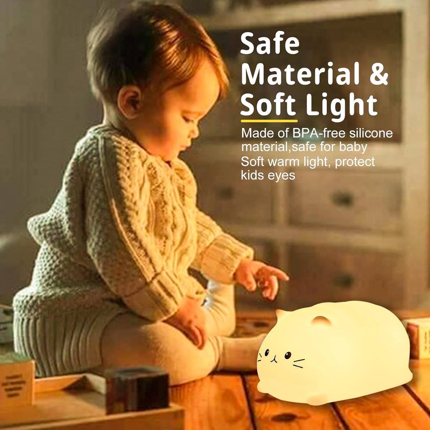 ZKLiLi Night Light, Cute Cat Nursery Lights USB Rechargeable Cat Lamp Nightlight Birthday Christmas Gift with Warm White and 7-Color Breathing Modes for Kids Baby Children (MBcat)