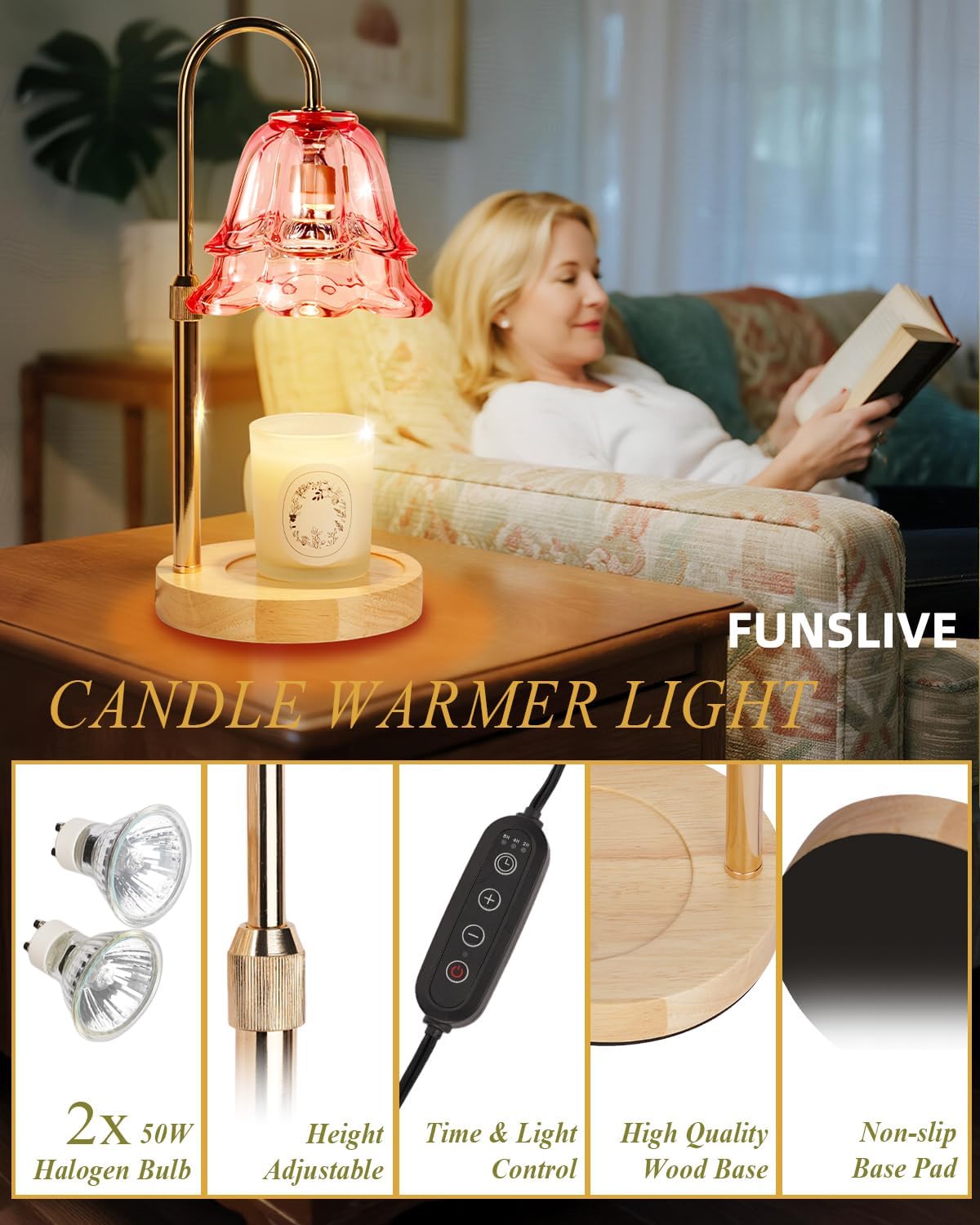 Pink Candle Warmer Lamp with Timer Dimmable, Christmas Birthday Gifts for Women Mom, Flower Candle Lamp with 2 Bulbs for Jar Candles & Scented Wax, Lamp Candle Warmer, House Warming Gift for Bedroom