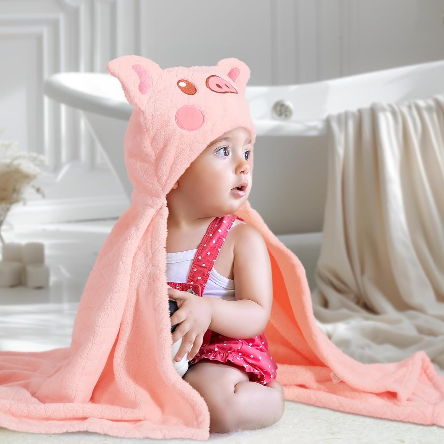 Extra Large Toddler Bath Towels, 50" x 32" Large Absorbent Thick Baby Animal Hooded Towel 2 Pack Set for 0-6 Years Bath Essential for Newborn, Infant and Kids, Grey & Pink