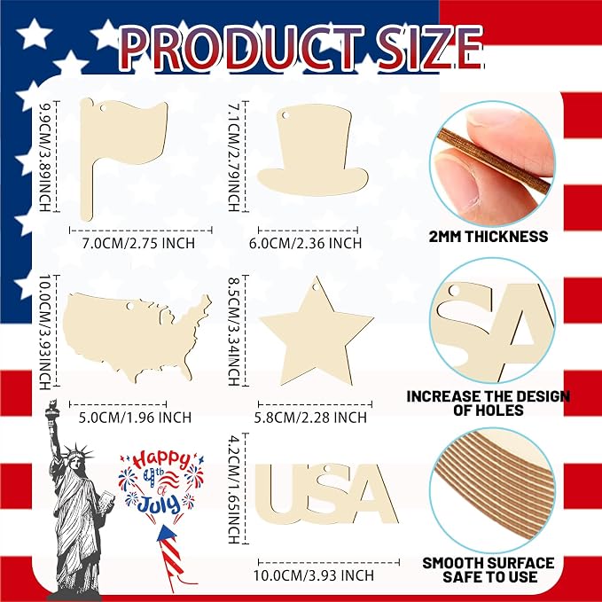 30Pcs Patriotic July of 4th Independence Day Unfinished Wooden Gift Ornaments