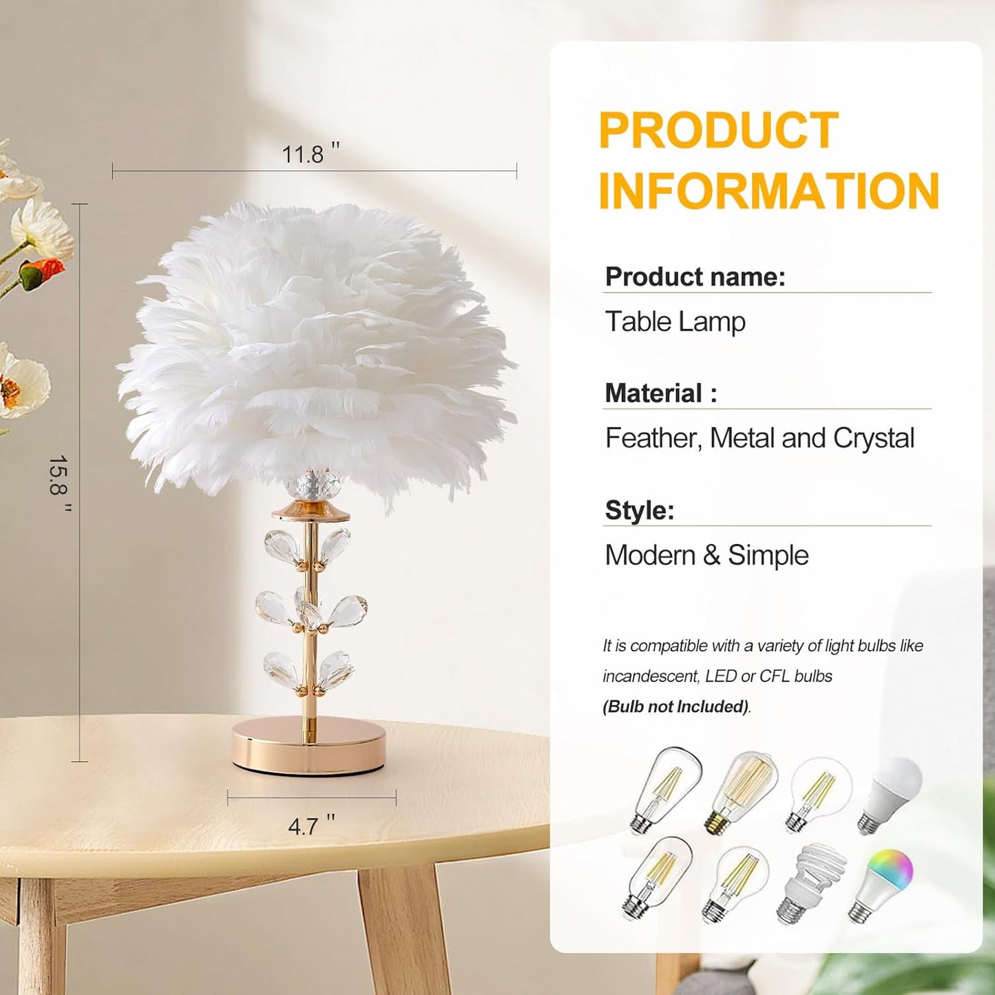 Chic White Feather Lamp Creative Fluffy Table Lamp Cute Kids Bedside Lamp Modern Feather Desk Light for Teen Girls Bedroom Living Room Entryway Study Room Wedding Deco