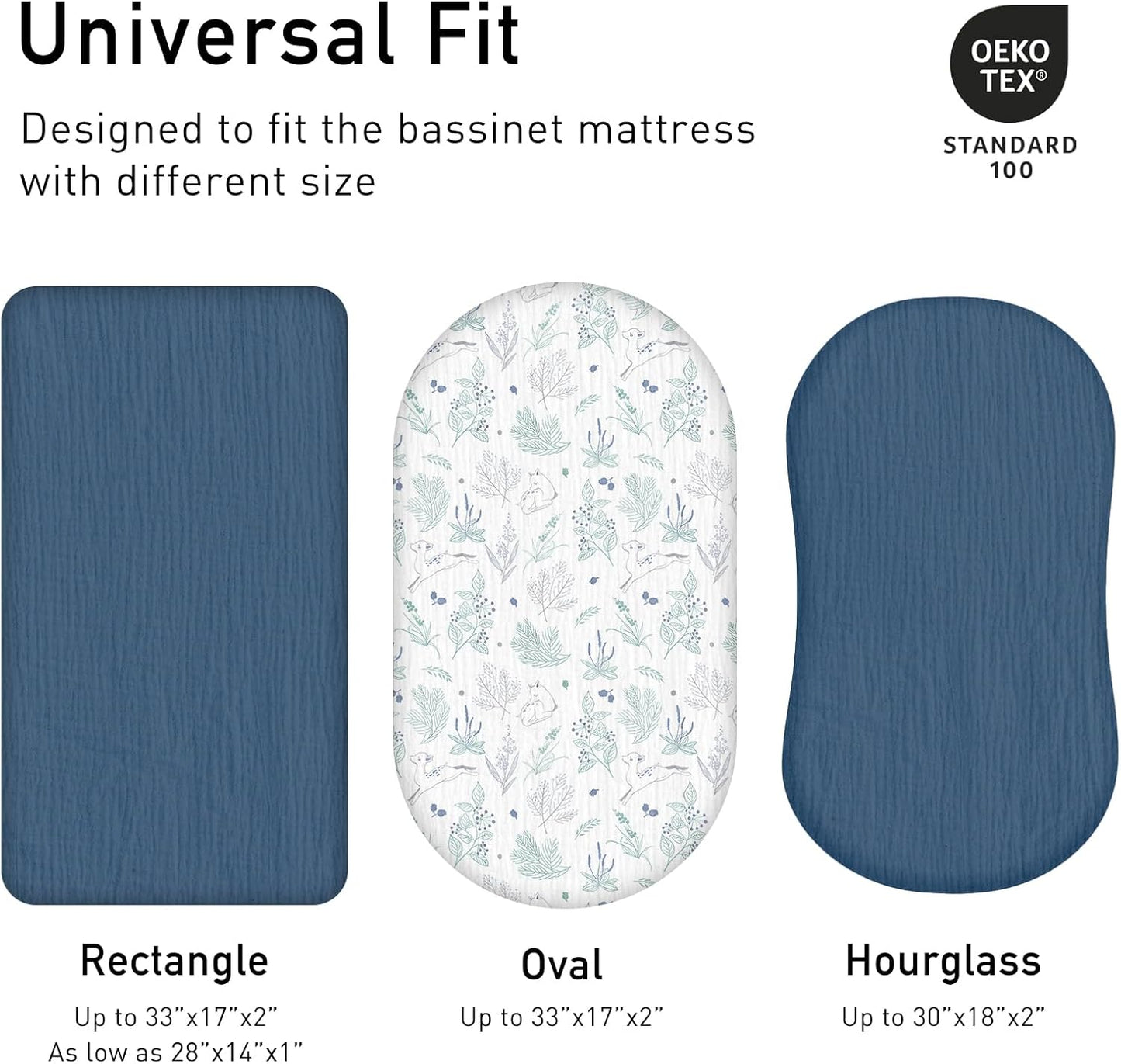 Muslin Bassinet Fitted Sheets, 2 Pack for Baby Boy and Girl, Soft Breathable Baby Pad/Mattress Sheet, Fit for Hourglass Oval and Rectangle Bassinet Mattress (Blue Deer)