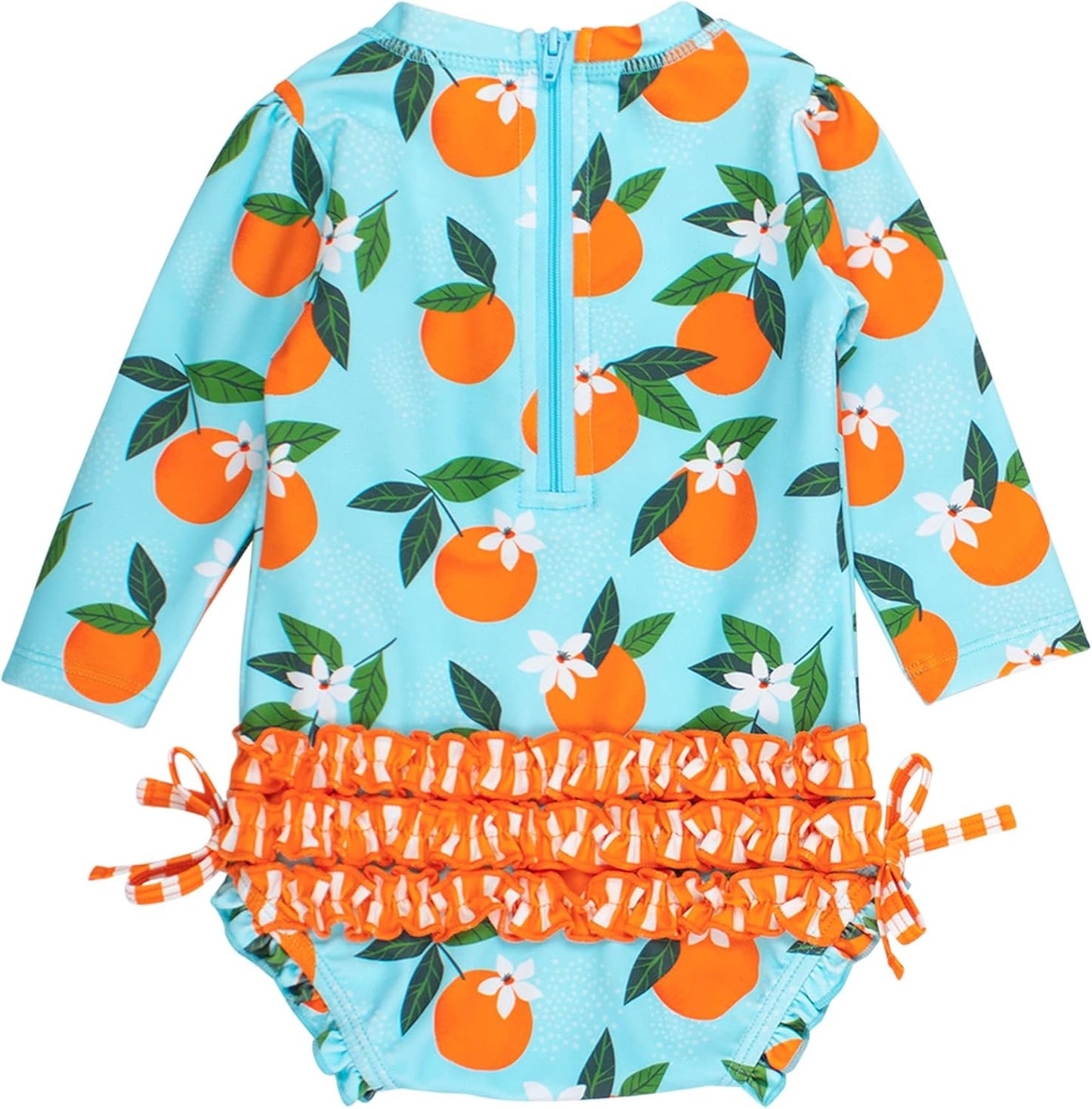 RuffleButts Baby Girls UPF 50+ Sun Protection Novelty Print Long Sleeve One Piece Rash Guard Swimsuit with Zipper