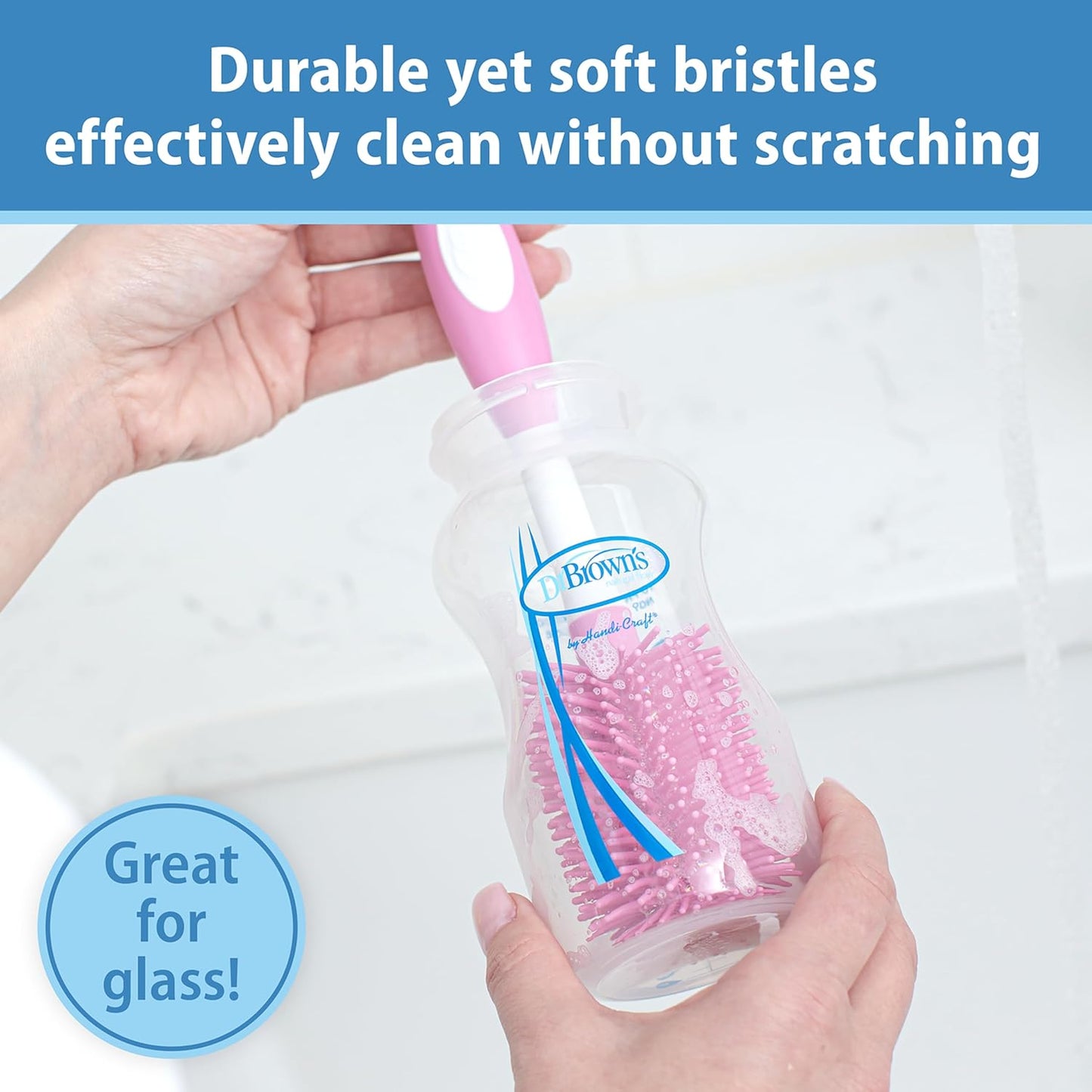 Dr. Brown's Soft Touch No Scratch Baby Bottle Cleaning Brush Nipple Cleaner with Stand and Storage Clip, BPA Free, Pink 1-Pack