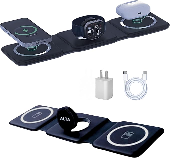 3-in-1 Magnetic Wireless Charger for iPhone, Apple Watch & AirPods – Fast Charging Station, Foldable Dock for Travel & Desk, Compatible with All iPhone Models, with 20W Adapter