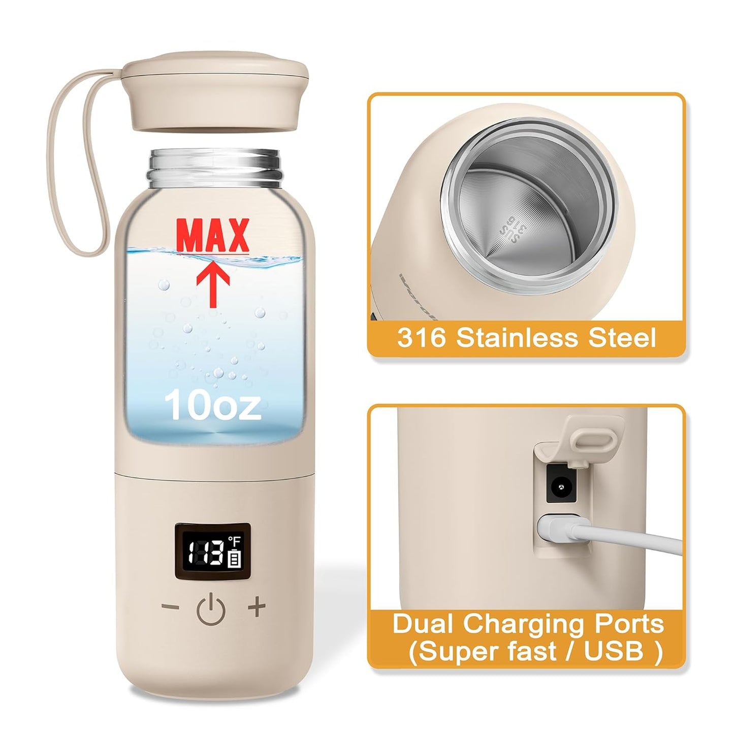 Portable Bottle Warmer for Travel, Baby Bottle Warmer with Adjustable Temp & Keep Warm for Formula, Breastmilk, Super Fast Charging & Rechargeable Milk Warmer, Cordless Water Warmer