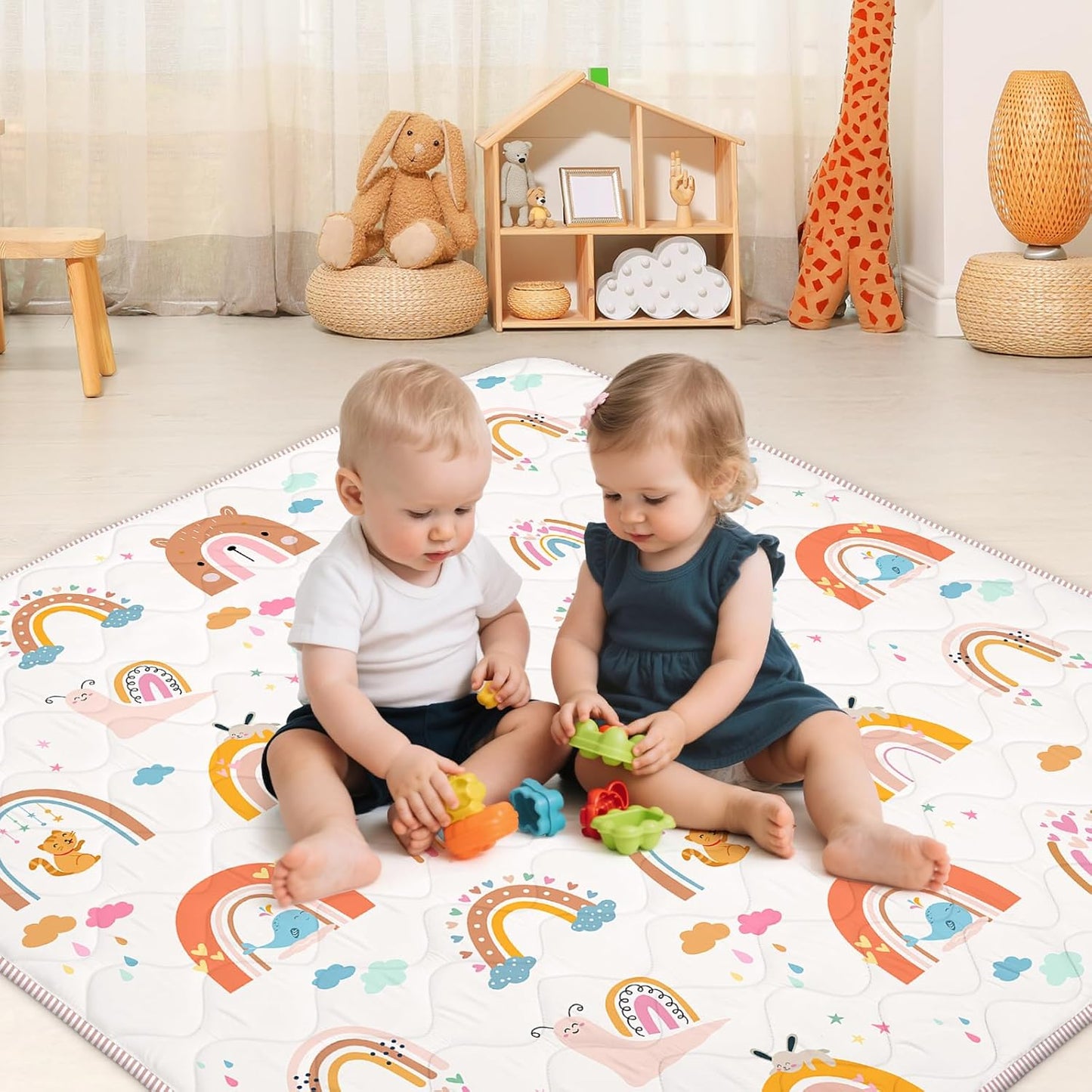 Baby Play Mat for Floor,Soft 50x50 Playpen Mat,Thick Foam Cushioned Playmat for Tummy Time,Safe Non-Slip Backing for Crawling for Kids Toddlers Infants,Boho Rainbow