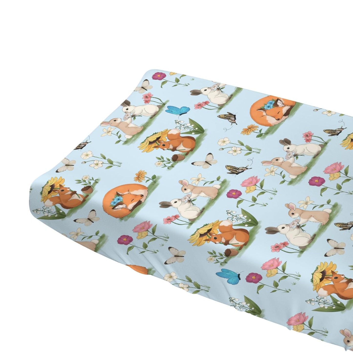 Cute Animals Spring Flowers Baby Changing Pad Covers Boy Girl 32''x16'' Bunny Fox Squirrel Butterflies Floral Fitted Diaper Change Table Mats Forest Soft Breathable Nursery Changing Table Sheets Blue